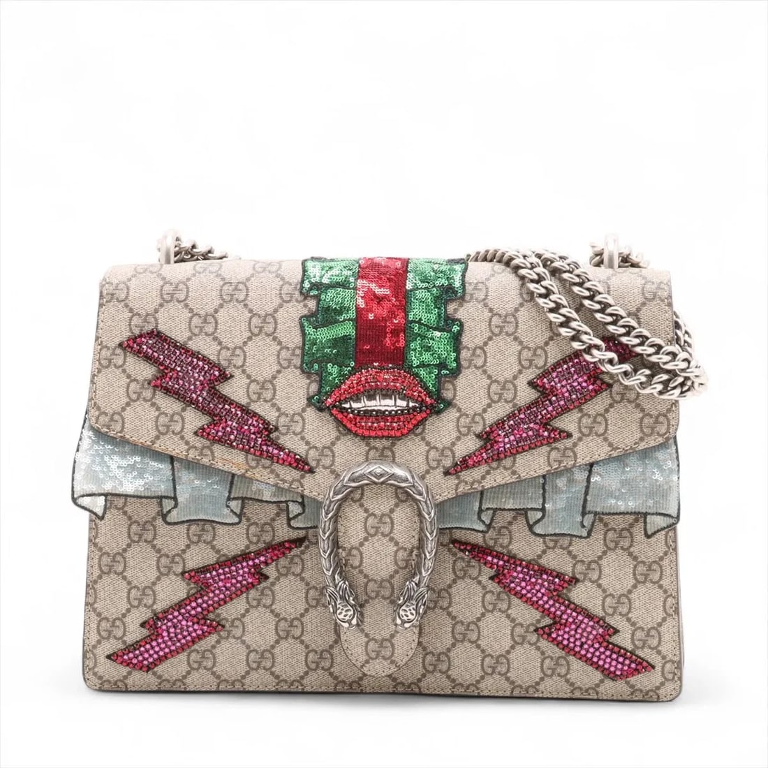 GUCCI GG SUPREME DUONYSSOS PVCX SEQUINS CHAIN SHOULDER BAG: Gucci GG Supreme Duonyssos PVCx sequins Chain Shoulder Bag Brand: Gucci Type: Shoulder bag Material: PVC Color: Beige Size: Height:8.5inch Length:11.6inch Depth:2.4inch Shoulder height:14.2inch A