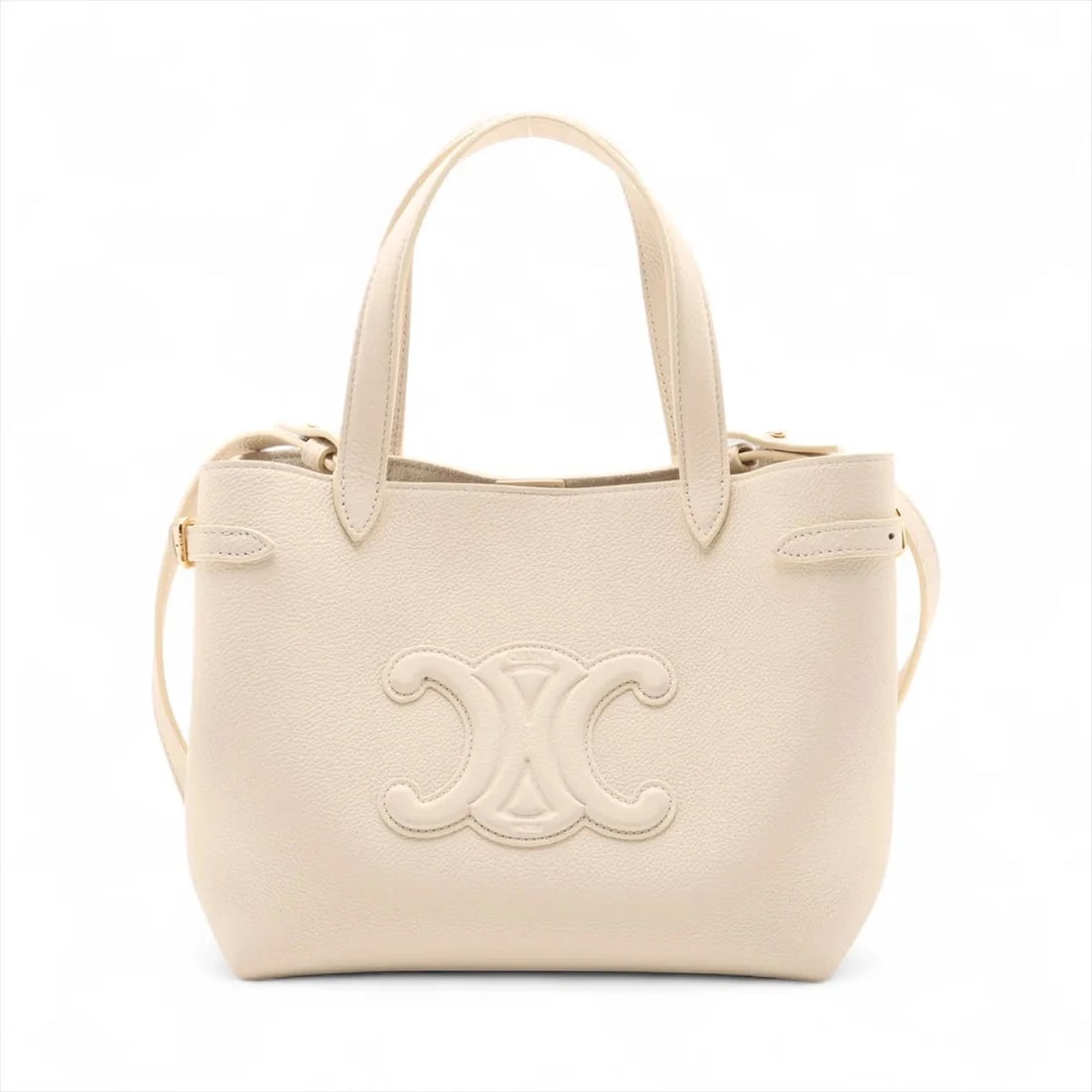 CELINE MINI CABAS ANAIS CUIR TRIOMPHE LEATHER 2 WAY HANDBAG: Celine Mini Cabas Anais Cuir Triomphe Leather 2 Way Handbag Brand: Celine Type: Hand bag Material: Leather Color: Beige Size: Height:7.3inch Length:8.1inch Depth:3.3inch Handle height:5.5inch Shou