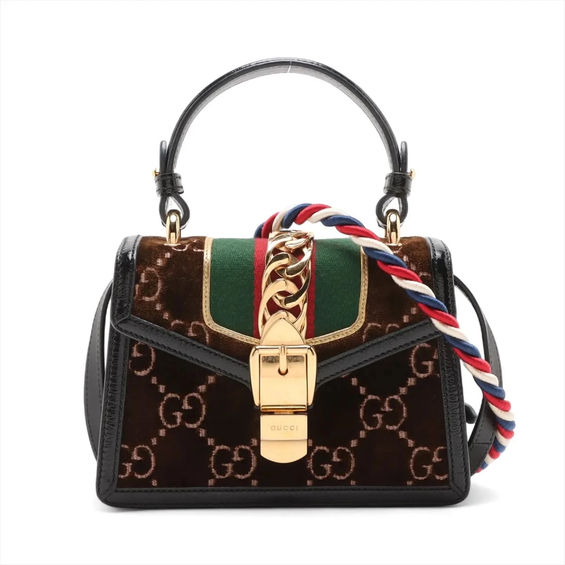 GUCCI GG VELVET SYLVIE VELVET X LEATHER 2 WAY HANDBAG: Gucci GG Velvet Sylvie velvet x leather 2 Way Handbag Brand: Gucci Type: Hand bag Material: Velvet Color: Brown Size: Height:5.7inch Length:7.9inch Depth:3.0inch Handle height:3.7inch Shoulder hei