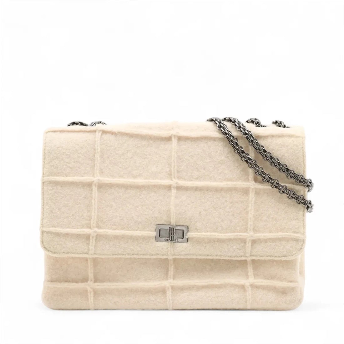 CHANEL FELT SINGLE FLAP DOUBLE CHAIN BAG IVORY SILVER (1 of 9)