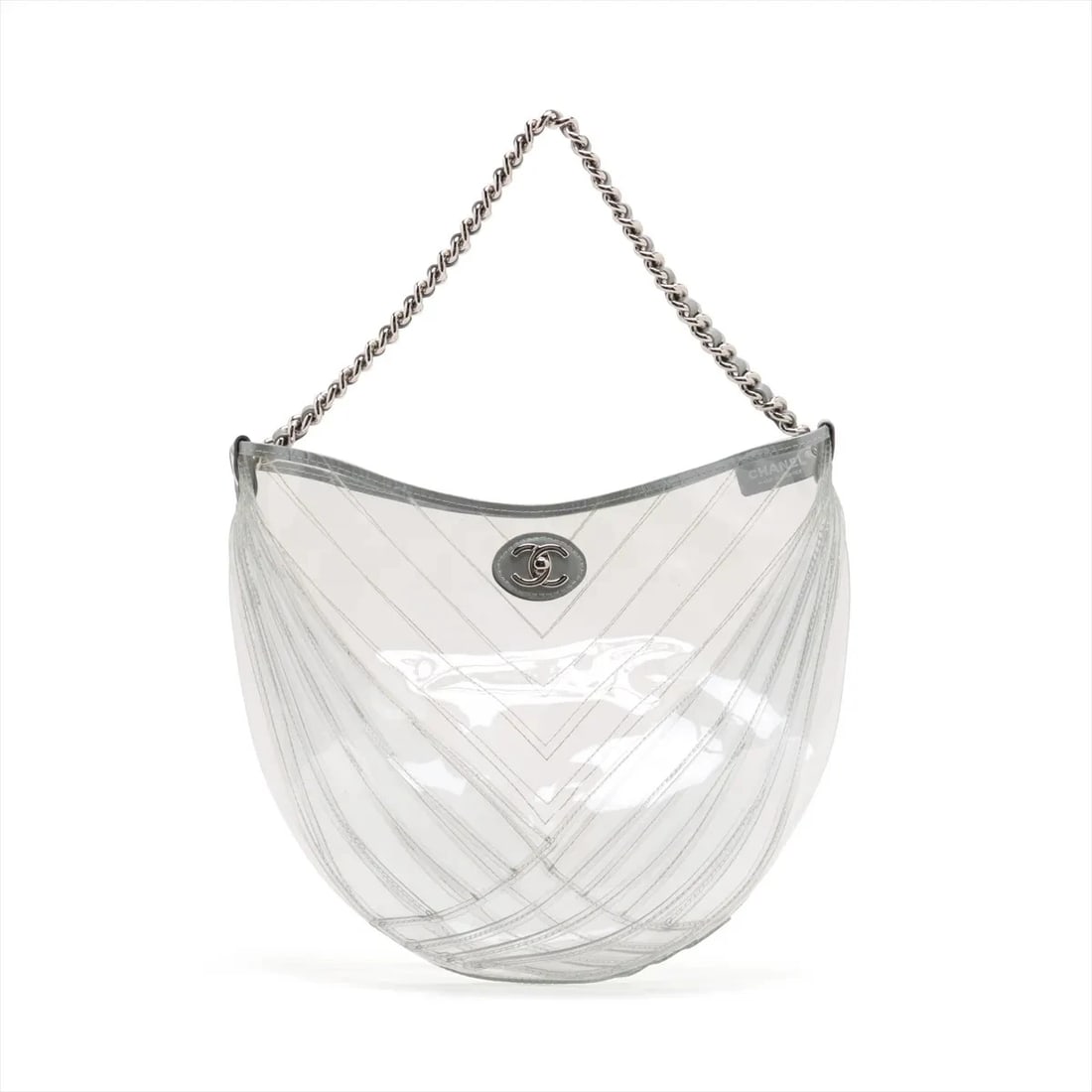 CHANEL COCO MARK VINYL × LEATHER CHAIN SHOULDER BAG: Chanel Coco Mark Vinyl × Leather Chain Shoulder Bag Brand: Chanel Type: Shoulder bag Material: Vinyl × Leather Color: Silver x clear Size: Height:12.2inch Length:14.0inch Depth:5.3inch Shoulder