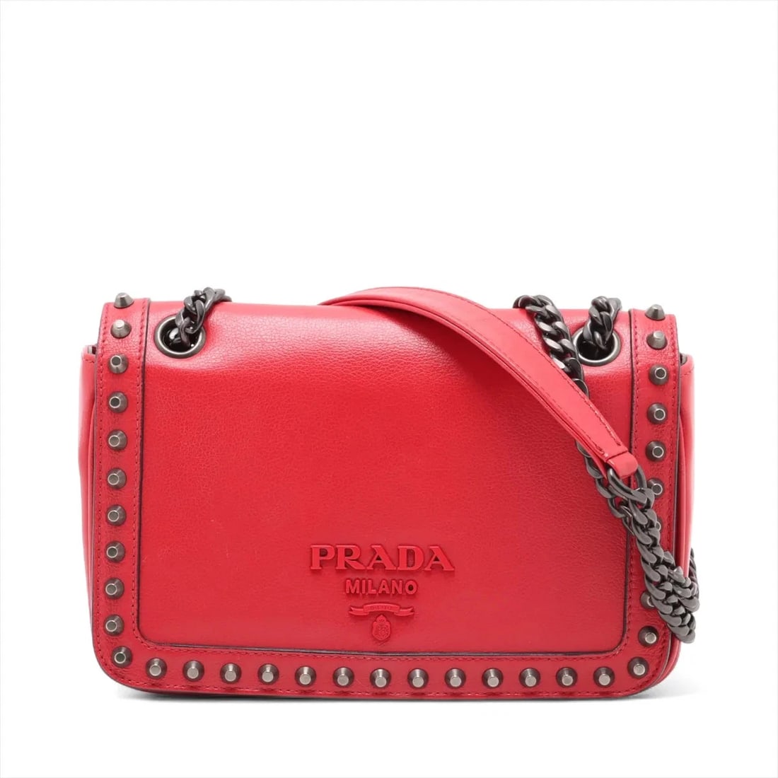 PRADA LEATHER X STUDS CHAIN SHOULDER BAG: Prada leather x studs Chain Shoulder Bag Brand: Prada Type: Shoulder bag Material: Leather Color: Red Size: Height:5.9inch Length:8.7inch Depth:2.2inch Shoulder height:21.5inch Accessories: