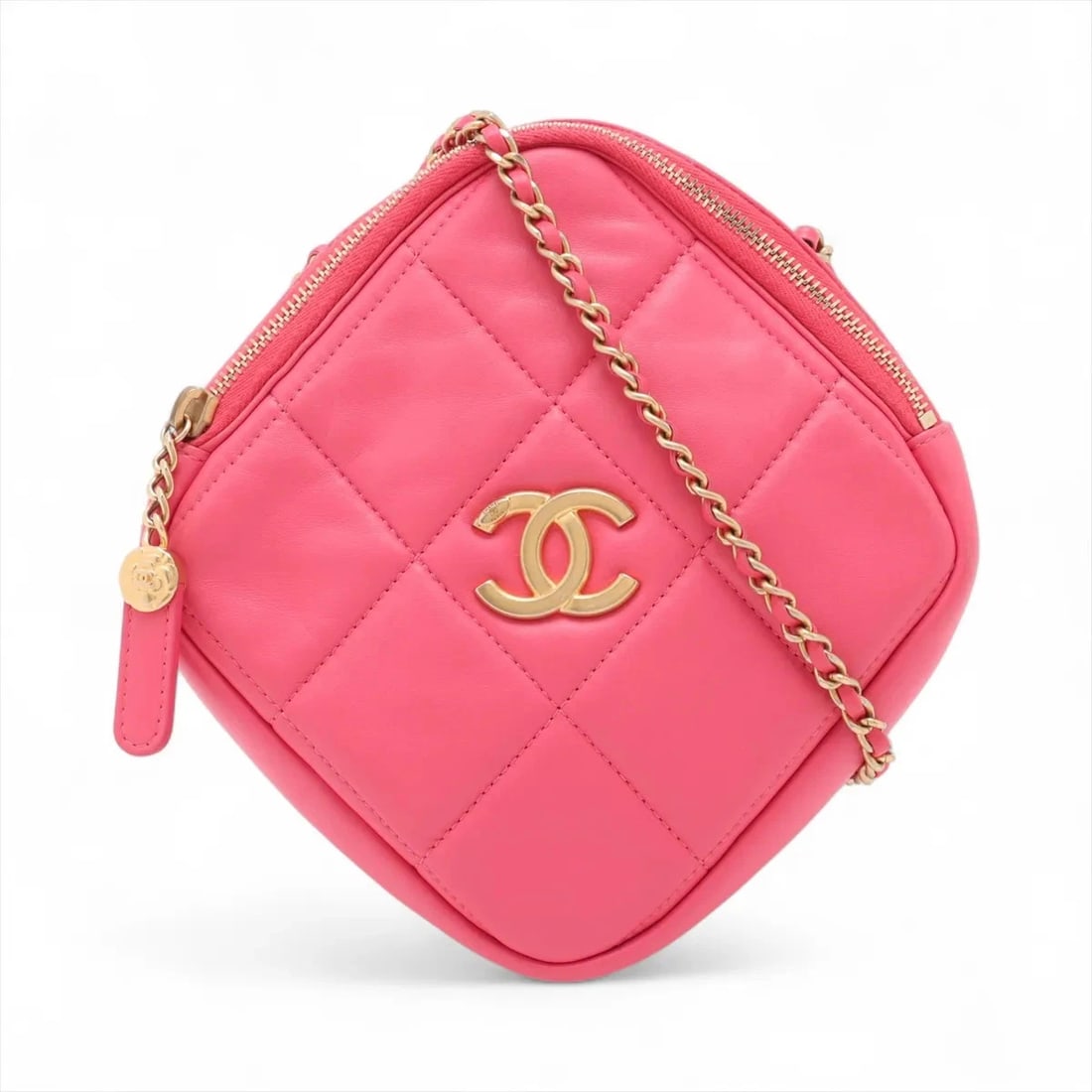 CHANEL MATELASSE LAMBSKIN CHAIN SHOULDER BAG: Chanel Matelasse Lambskin Chain Shoulder Bag Brand: Chanel Type: Shoulder bag Material: Lambskin Color: Pink Size: Height:8.1inch Length:7.7inch Depth:1.6inch Shoulder height:21.3inch Accessories