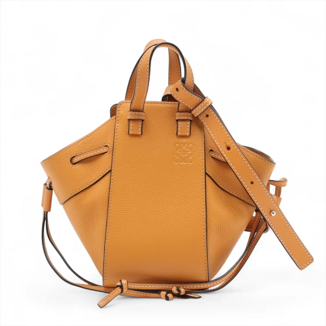 LOEWE HAMMOCK DRAWSTRING MINI LEATHER 2 WAY SHOULDER BAG: Loewe Hammock Drawstring mini Leather 2 Way Shoulder Bag Brand: Loewe Type: Shoulder bag Material: Leather Color: Brown Size: Height:7.1inch Length:4.1inch Depth:5.9inch Handle height:2.4inch Acc