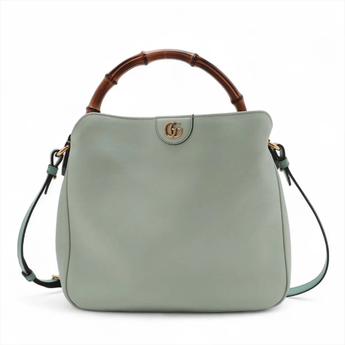 GUCCI BAMBOO DIANA LEATHER 2 WAY HANDBAG: Gucci Bamboo Diana Leather 2 Way Handbag Brand: Gucci Type: Hand bag Material: Leather Color: Green Size: Height:9.4inch Length:11.6inch Depth:3.1inch Handle height:4.3inch Shoulder height:20.5inc