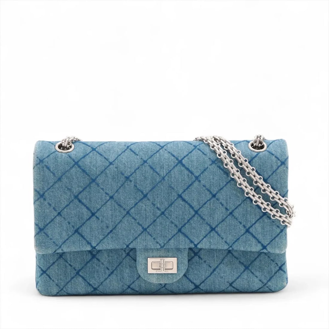 CHANEL MATELASSE 2.55 DENIM DOUBLE FLAP DOUBLE CHAIN BAG: Chanel Matelasse 2.55 Denim Double Flap Double Chain Bag Brand: Chanel Type: Shoulder bag Material: Denim Color: Blue Size: Height:6.9inch Length:11.0inch Depth:3.3inch Shoulder