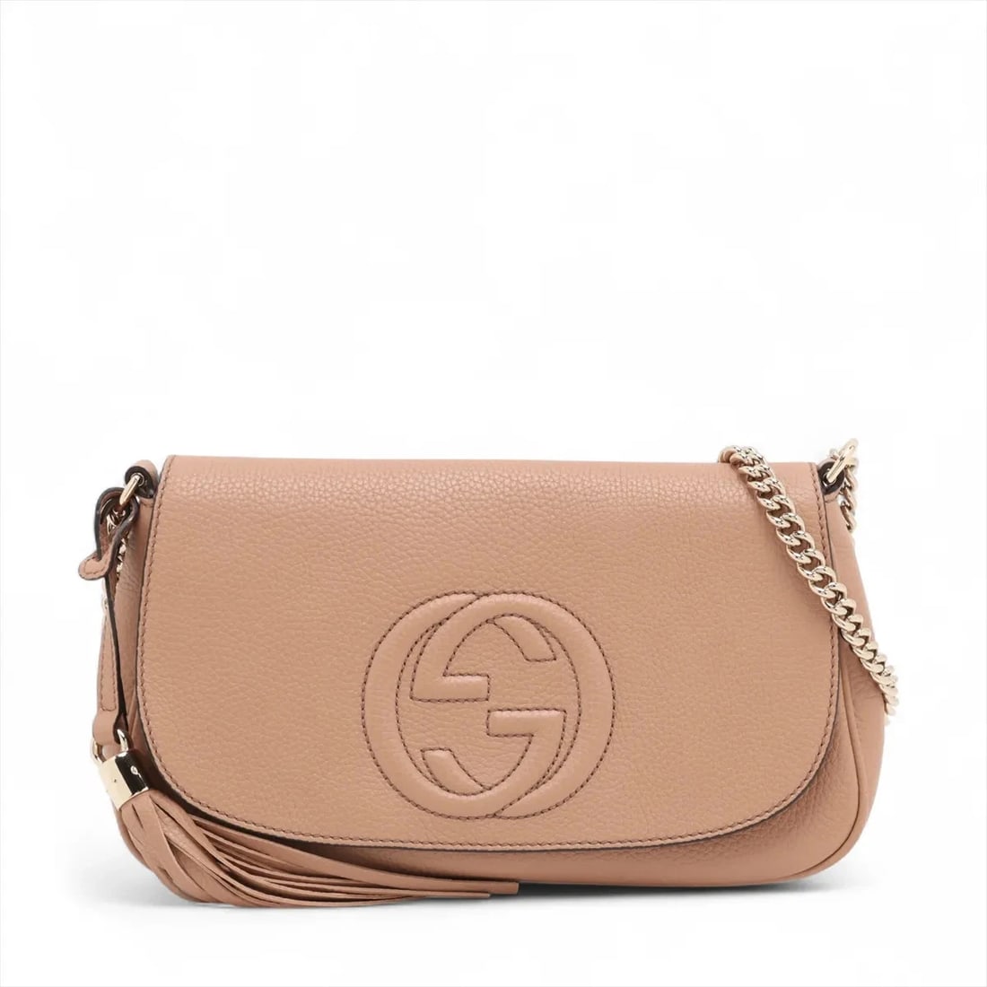GUCCI SOHO LEATHER CHAIN SHOULDER BAG: Gucci Soho Leather Chain Shoulder Bag Brand: Gucci Type: Shoulder bag Material: Leather Color: Beige Size: Height:6.1inch Length:10.6inch Depth:2.0inch Shoulder height:20.9inch Accessories:
