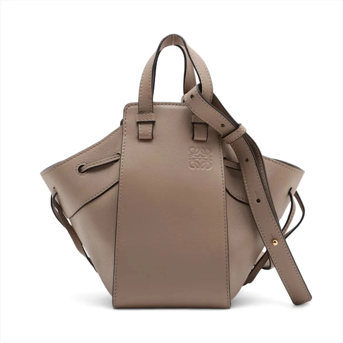 LOEWE HAMMOCK DRAWSTRING MINI LEATHER 2 WAY HANDBAG: Loewe Hammock Drawstring Mini Leather 2 Way Handbag Brand: Loewe Type: Hand bag Material: Leather Color: Beige Size: Height:7.3inch Length:4.3inch Depth:6.5inch Handle height:2.4inch Shoulder heig