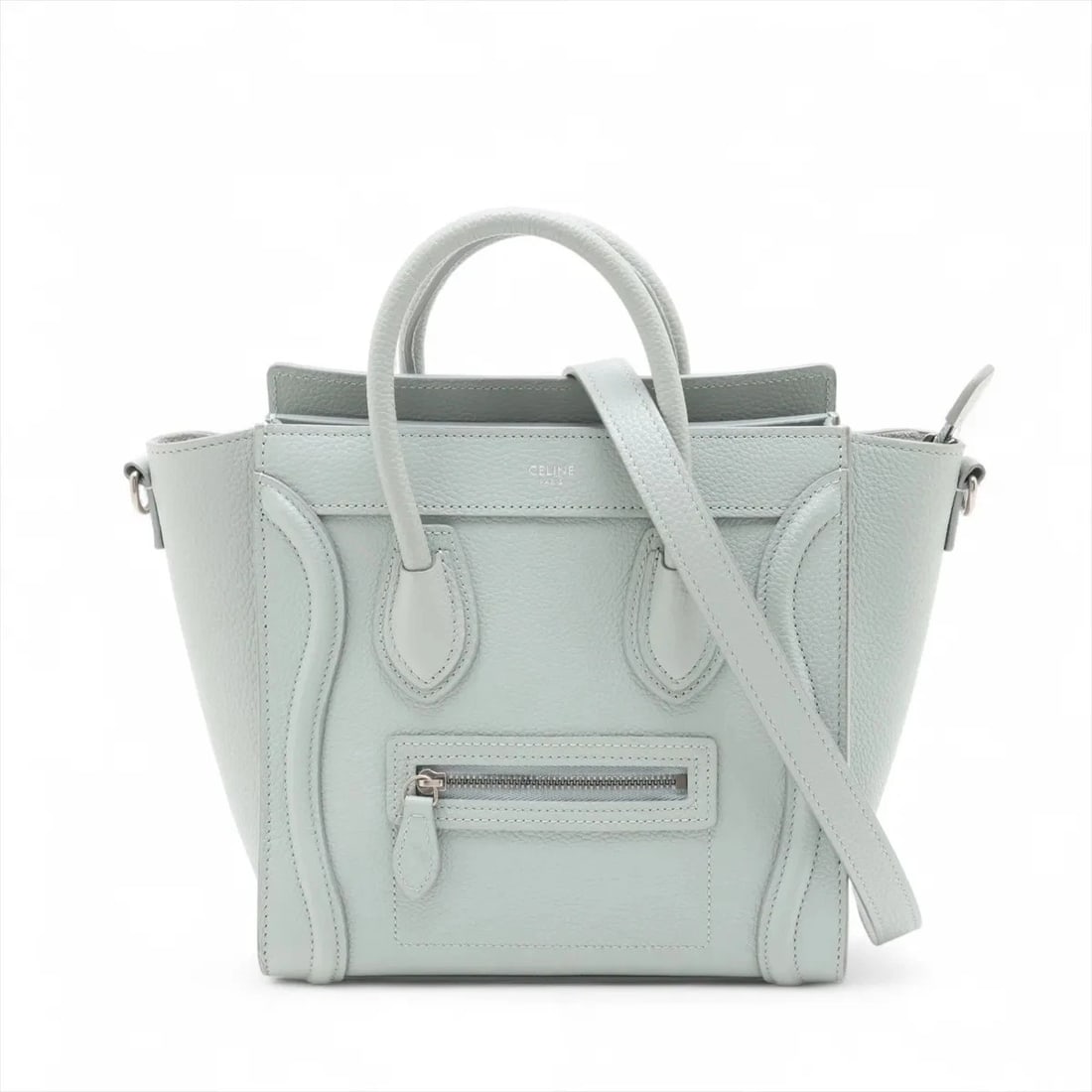 CELINE LUGGAGE NANO SHOPPER LEATHER 2 WAY HANDBAG: Celine Luggage Nano shopper Leather 2 Way Handbag Brand: Celine Type: Hand bag Material: Leather Color: Blue Size: Height:8.3inch Length:7.9inch Depth:3.9inch Handle height:2.2inch Shoulder