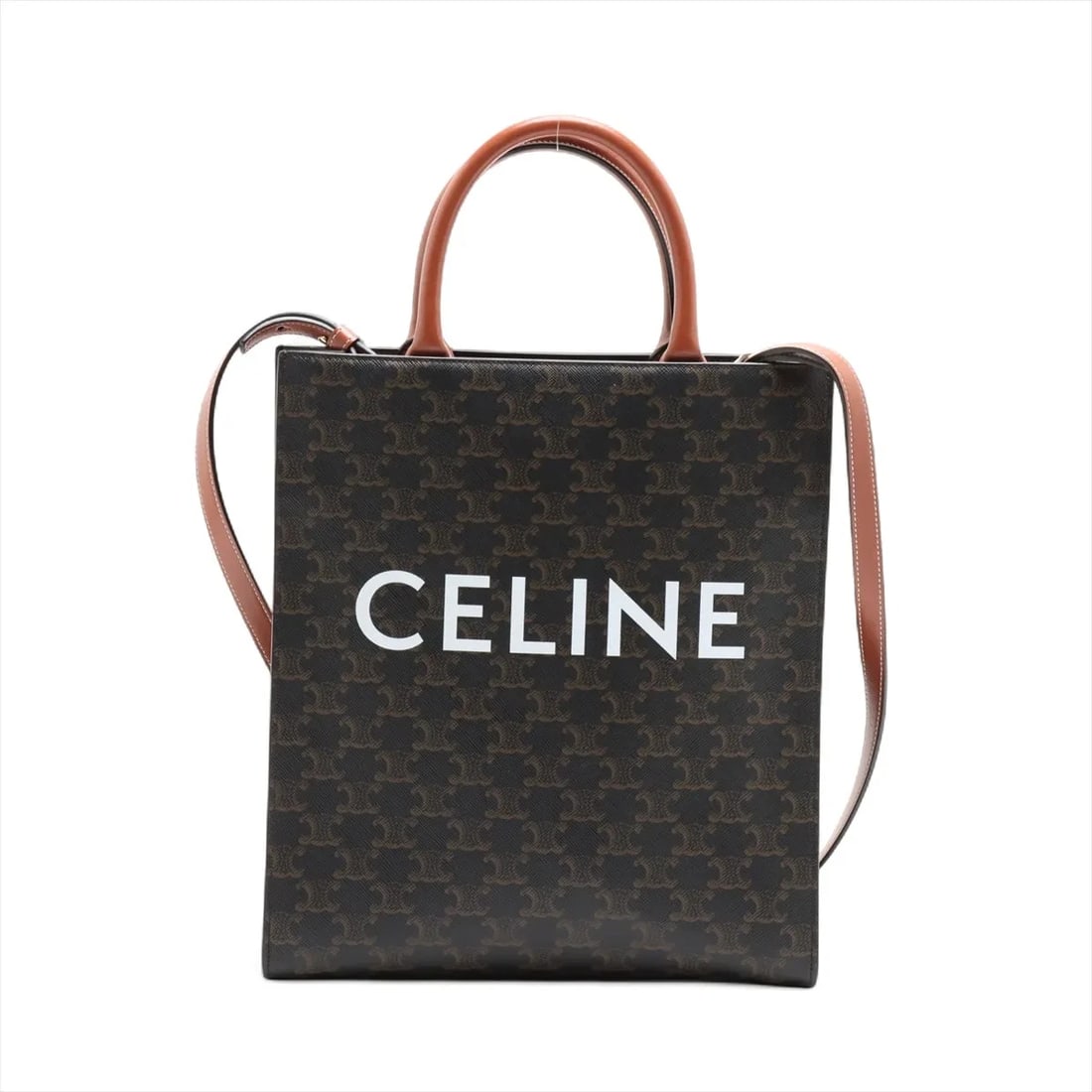 CELINE TRIOMPHE VERTICAL CABAS PVCX LEATHER 2 WAY HANDBAG: Celine Triomphe Vertical Cabas PVCx leather 2 Way Handbag Brand: Celine Type: Hand bag Material: PVC Color: Brown Size: Height:12.4inch Length:11.0inch Depth:3.1inch Handle height:4.3inch Shoulder
