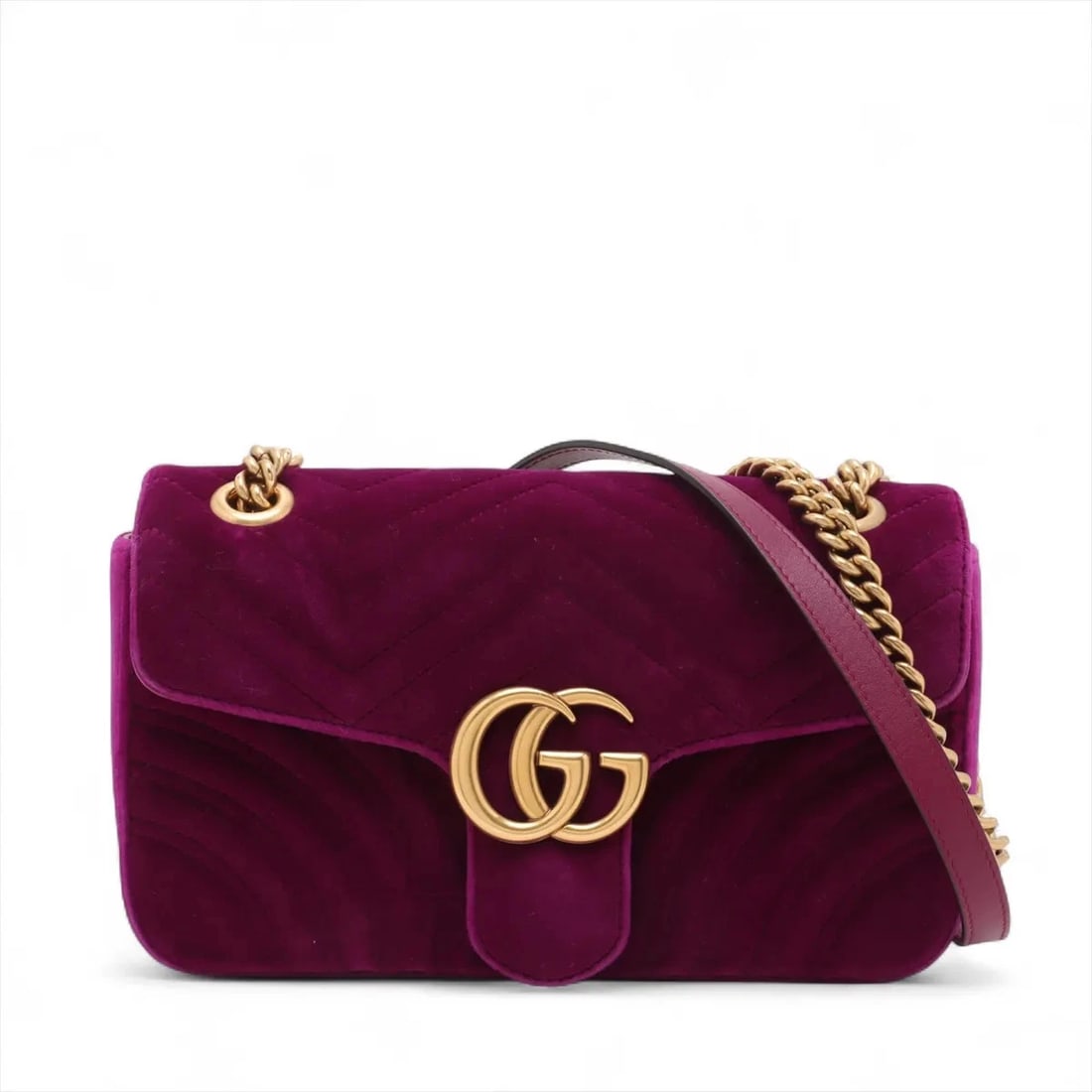 GUCCI GG MARMONT VELVET CHAIN SHOULDER BAG: Gucci GG Marmont Velvet Chain Shoulder Bag Brand: Gucci Type: Shoulder bag Material: Velvet Color: Purple Size: Height:6.1inch Length:9.8inch Depth:2.8inch Shoulder height:20.9inch Accessories: N