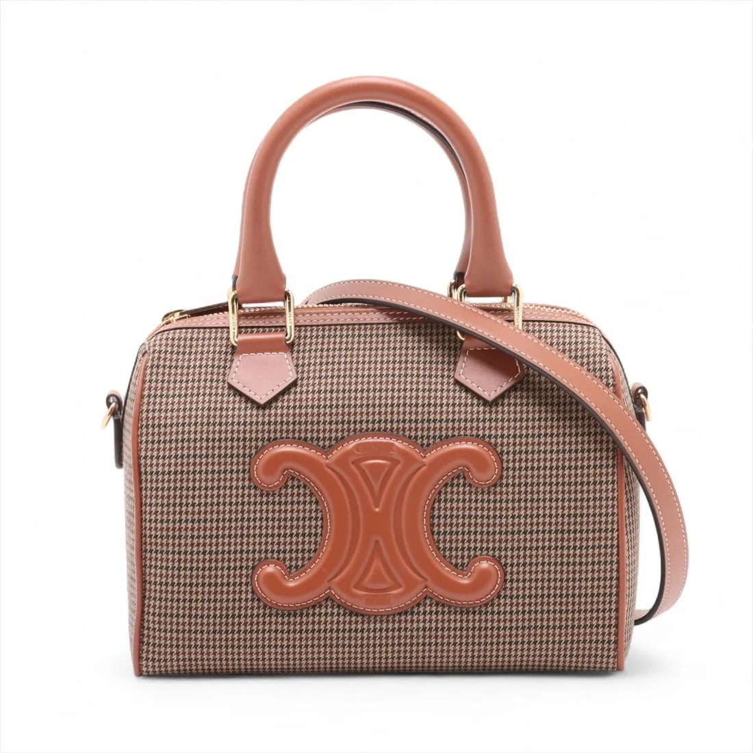 CELINE CUIR TRIOMPHE SMALL BOSTON CANVAS X LEATHER 2 WAY HANDBAG: Celine Cuir Triomphe Small Boston canvas x leather 2 Way Handbag Brand: Celine Type: Hand bag Material: canvas Color: Brown Size: Height:5.7inch Length:7.9inch Depth:3.9inch Handle height:3.3inch