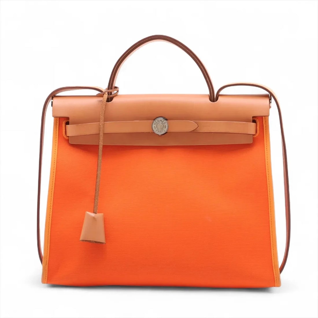 HERMÈS HERBAG ZIP PM TWILIGHT OFFICIE X BROWN SILVER METAL: Hermès Herbag Zip PM Twilight Officie x brown Silver Metal Brand: Hermès Type: Hand bag Material: Toile Officier Color: Orange Size: Height:9.8inch Length:12.2inch Depth:4.1inch Handle height:2.