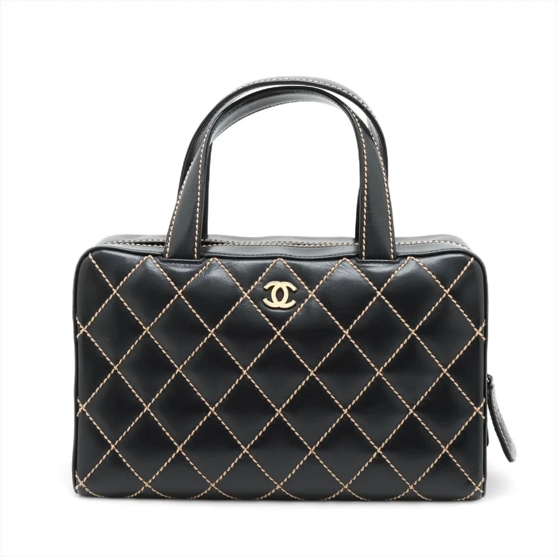 CHANEL WILD STITCH LEATHER HAND BAG BLACK GOLD: Chanel Wild Stitch Leather Hand bag Black Gold Brand: Chanel Type: Hand bag Material: Leather Color: Black Size: Height:8.1inch Length:12.8inch Depth:4.7inch Handle height:5.1inch Accessories: No