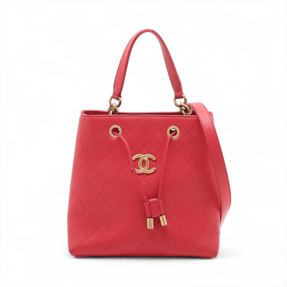 CHANEL MATELASSE CAVIAR SKIN 2 WAY HANDBAG RED: Chanel Matelasse Caviar Skin 2 Way Handbag Red Brand: Chanel Type: Hand bag Material: Caviar Skin Color: Red Size: Height:7.7inch Length:7.9inch Depth:4.3inch Handle height:4.3inch Shoulder height