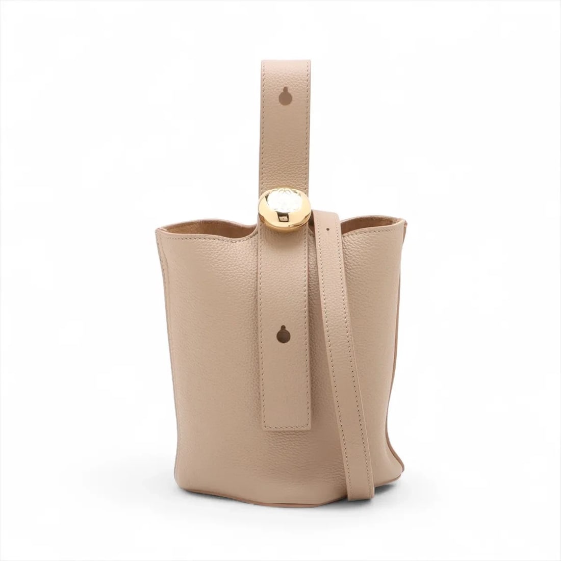 LOEWE PEBBLE BUCKETS LEATHER 2 WAY HANDBAG BEIGE: Loewe pebble buckets Leather 2 Way Handbag Beige Brand: Loewe Type: Hand bag Material: Leather Color: Beige Size: Height:7.7inch Length:6.5inch Depth:6.1inch Handle height:4.3inch Shoulder height: