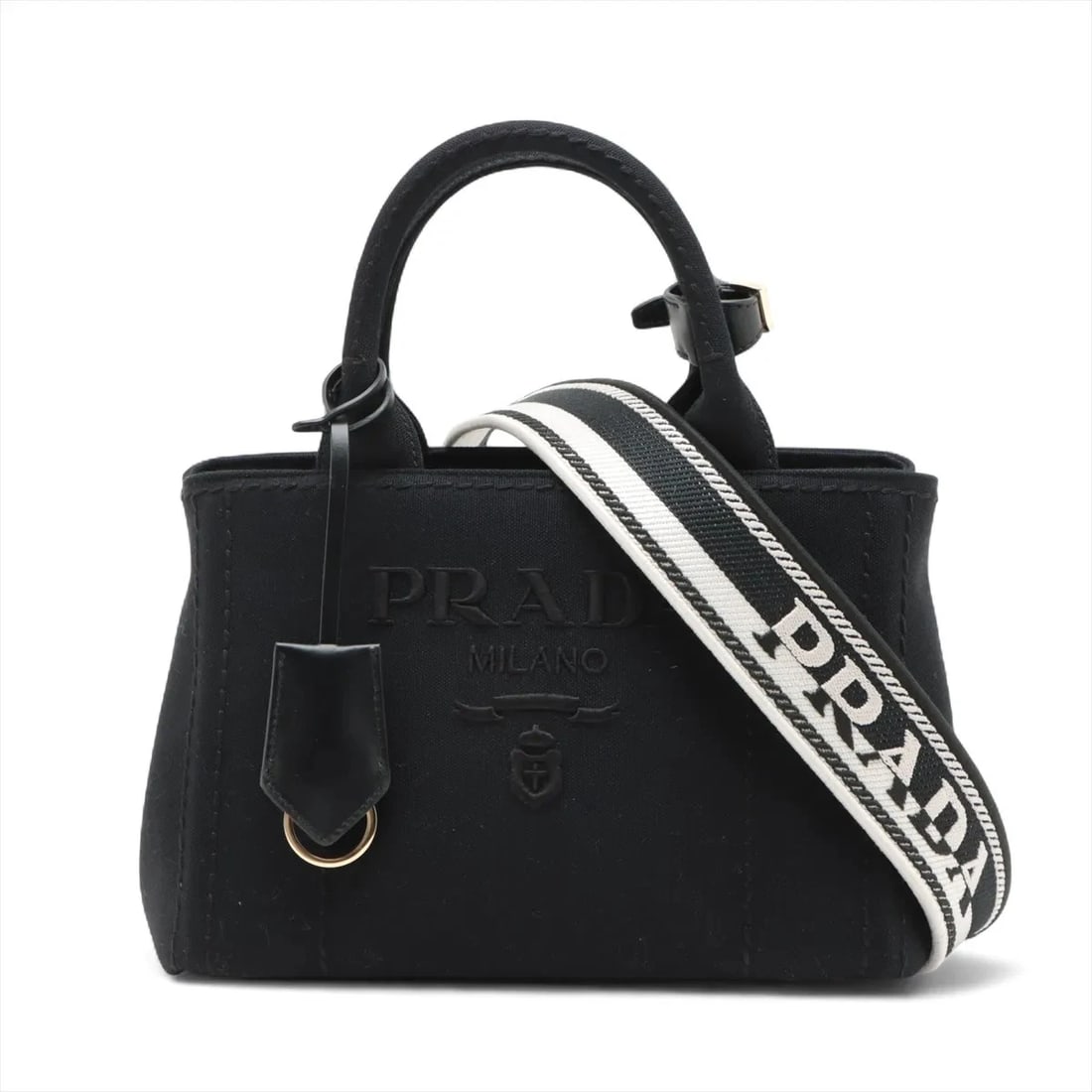 PRADA CANAPA CANVAS X LEATHER 2 WAY HANDBAG BLACK: Prada Canapa canvas x leather 2 Way Handbag Black Brand: Prada Type: Hand bag Material: canvas Color: Black Size: Height:7.1inch Length:9.8inch Depth:5.3inch Handle height:4.3inch Shoulder height: