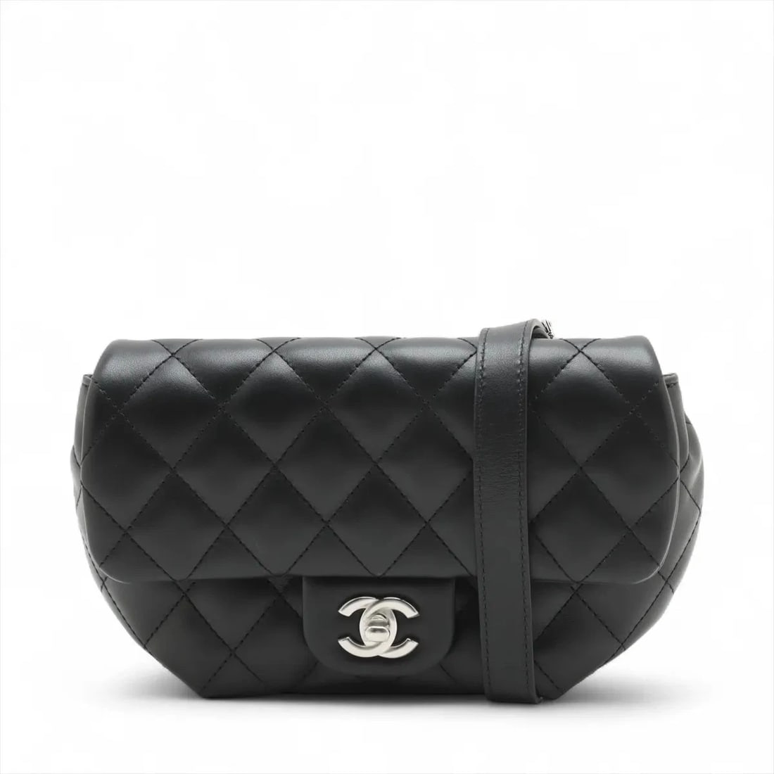 CHANEL MATELASSE LAMBSKIN WAIST BAG UNIFORMS BLACK SILVER: Chanel Matelasse Lambskin Waist Bag uniforms Black Silver Brand: Chanel Type: Waist pouch/Body bag Material: Lambskin Color: Black Size: Height:5.3inchLength:9.1inchDepth:1.8inch Accessories: