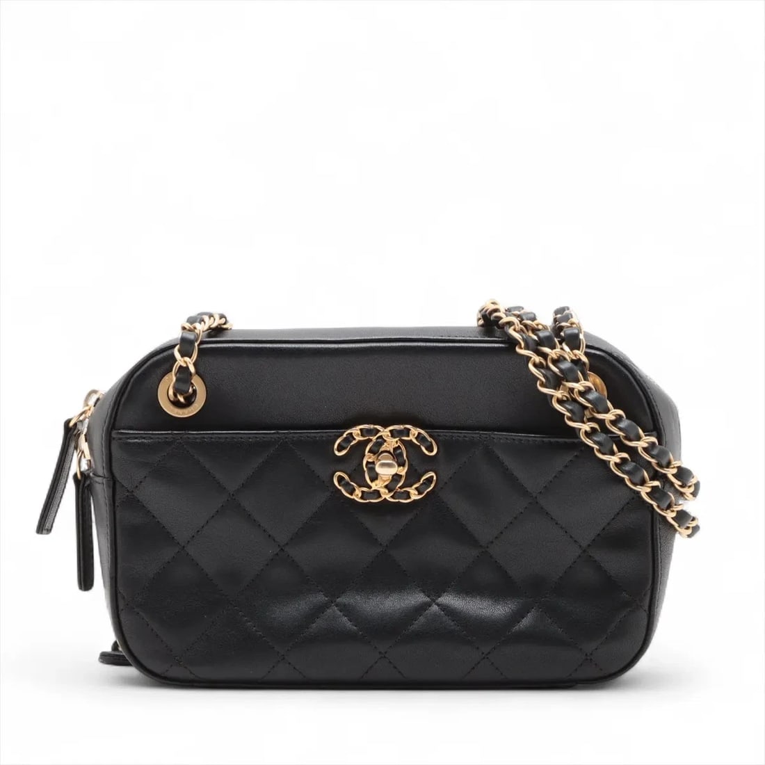 CHANEL MATELASSE LAMBSKIN CHAIN SHOULDER BAG: Chanel Matelasse Lambskin Chain Shoulder Bag Brand: Chanel Type: Shoulder bag Material: Lambskin Color: Black Size: Height:5.3inch Length:8.3inch Depth:2.6inch Shoulder height:22.0inch 