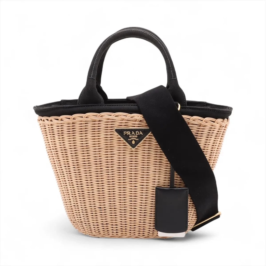 PRADA RATTAN X CANVAS 2 WAY HANDBAG BEIGE (1 of 7)