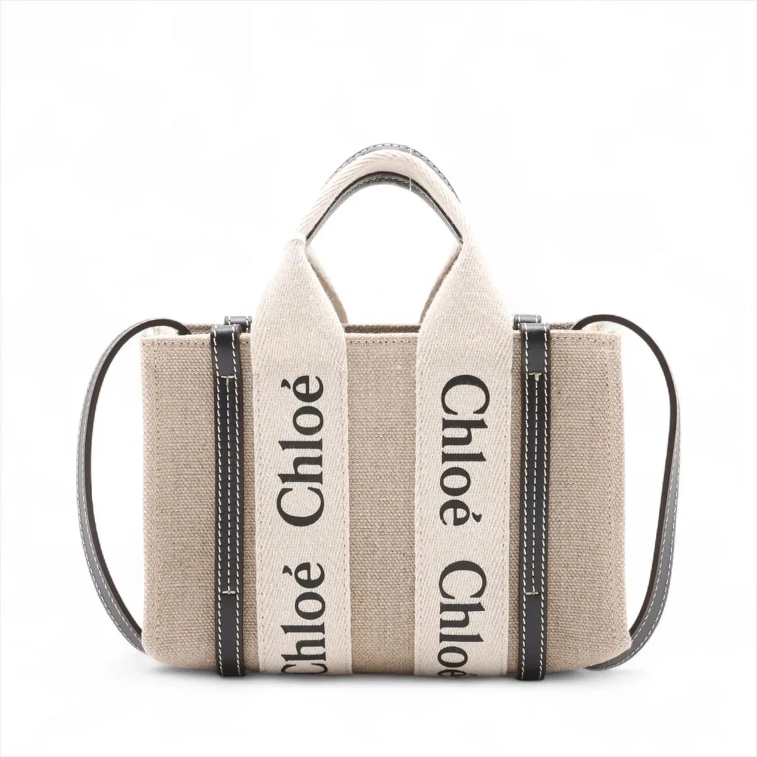 CHLOE WOODY MINI CANVAS X LEATHER 2 WAY SHOULDER BAG: Chloe woody Mini canvas x leather 2 Way Shoulder Bag Brand: Chloe Type: Shoulder bag Material: canvas Color: Beige Size: Height:5.1inch Length:8.1inch Depth:2.6inch Handle height:3.0inch Shoulder