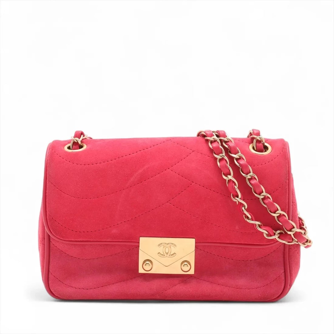 CHANEL COCO MARK SUEDE X LAMBSKIN SINGLE FLAP DOUBLE CHAIN BAG: Chanel Coco Mark suede x lambskin Single Flap Double Chain Bag Brand: Chanel Type: Shoulder bag Material: Suede Color: Pink Size: Height:5.7inch Length:8.5inch Depth:3.1inch Shoulder height:11.0in