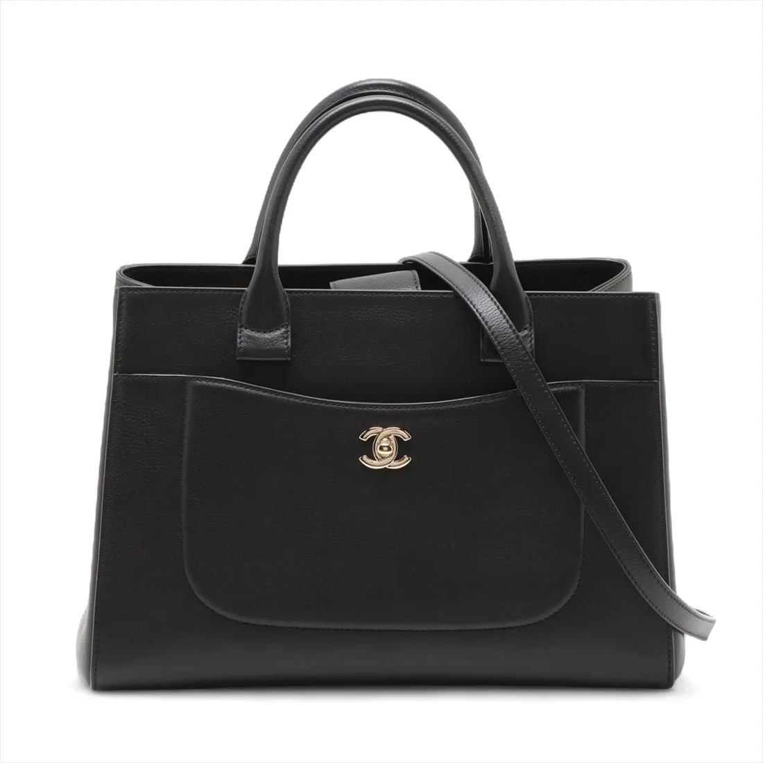 CHANEL NEO EXECUTIVE LEATHER 2 WAY HANDBAG BLACK GOLD: Chanel Neo Executive Leather 2 Way Handbag Black Gold Brand: Chanel Type: Tote bag Material: Leather Color: Black Size: Height:8.9inch Length:13.0inch Depth:5.7inch Handle height:4.1inch Shoulder