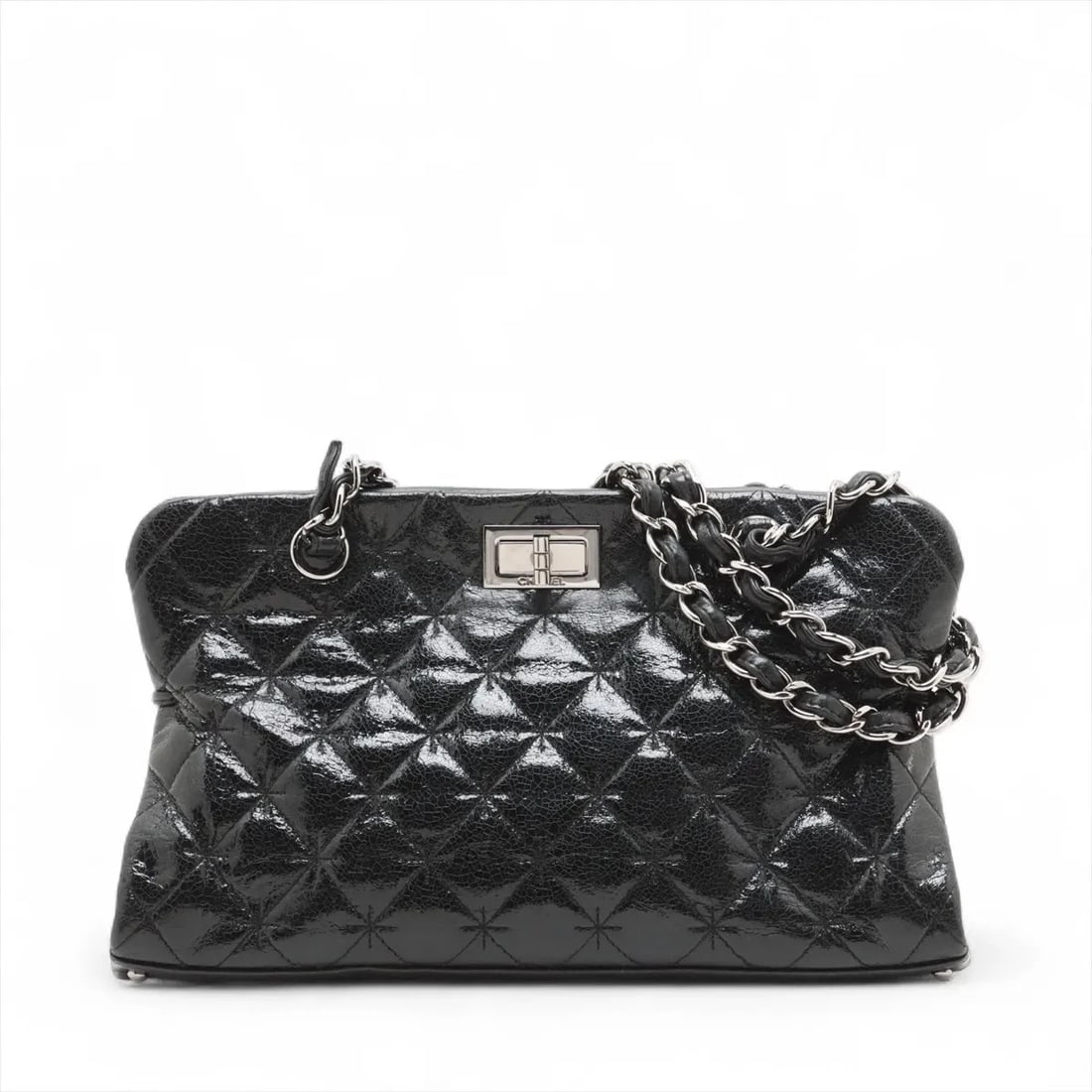 CHANEL PATENT LEATHER CHAIN SHOULDER BAG: Chanel Patent Leather Chain Shoulder Bag Brand: Chanel Type: Shoulder bag Material: Patent Leather Color: Black Size: Height:6.5inch Length:11.4inch Depth:3.3inch Shoulder height:8.7inch Accessor