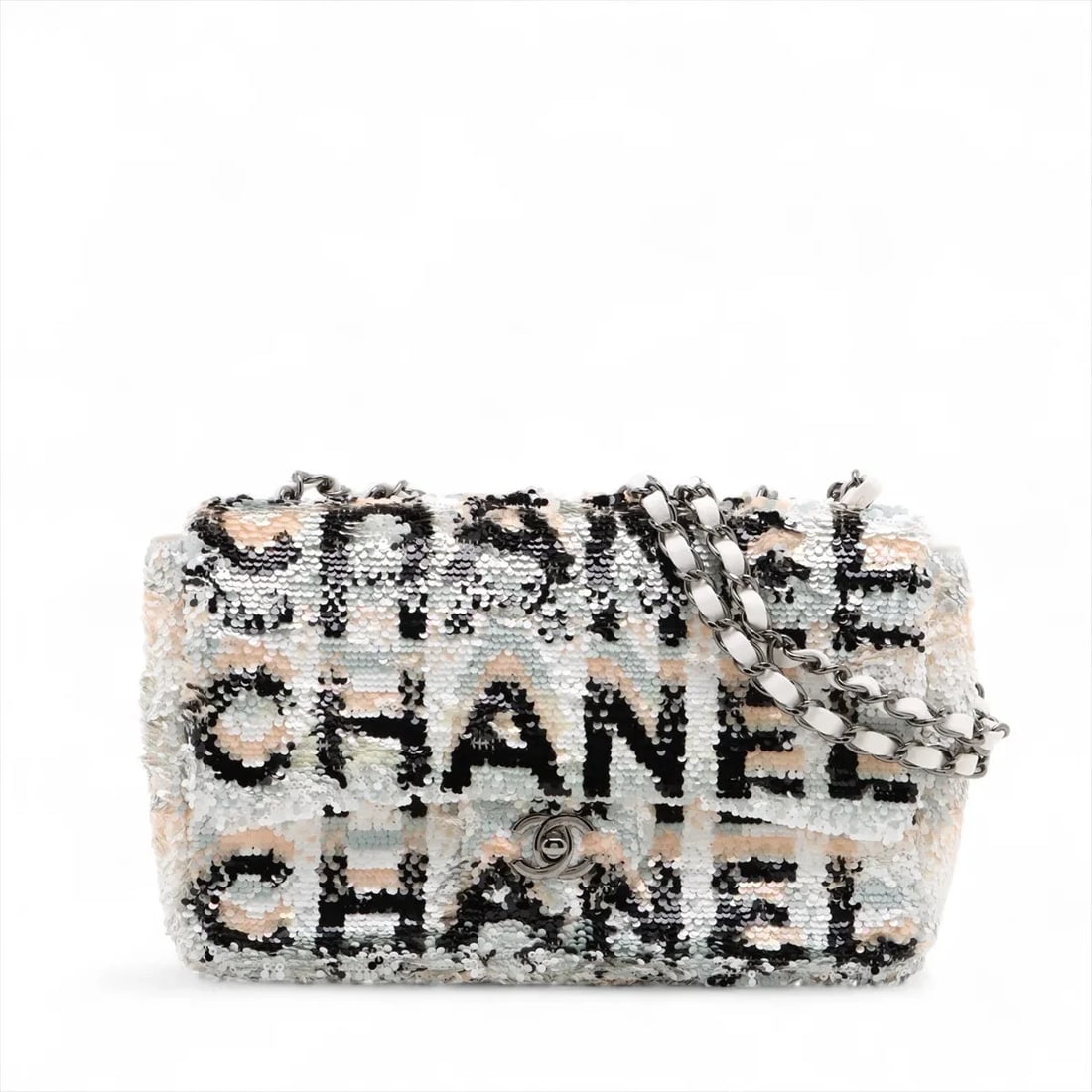 CHANEL LOGO SEQUINS X LAMBSKIN SINGLE FLAP DOUBLE CHAIN BAG (1 of 8)