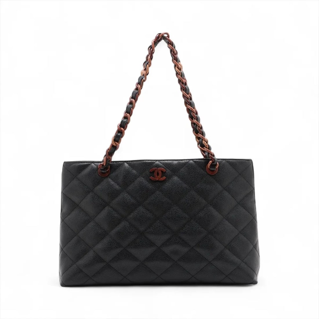 CHANEL MATELASSE CAVIAR SKIN CHAIN TOTE BAG: Chanel Matelasse Caviar Skin Chain Tote Bag Brand: Chanel Type: Tote bag Material: Caviar Skin Color: Black Size: Height:9.6inch Length:15.2inch Depth:3.3inch Handle height:9.6inch Accessories: N