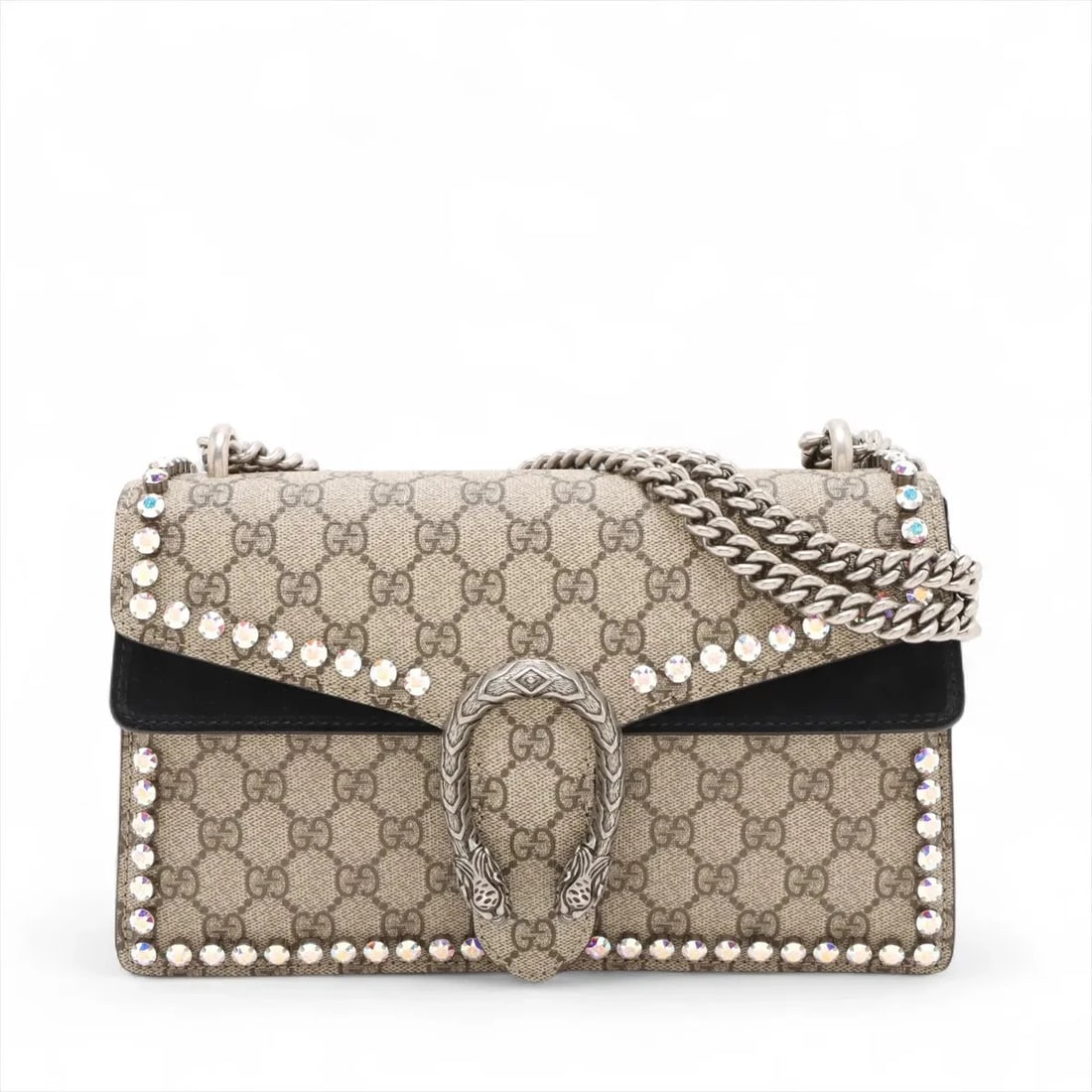 GUCCI GG SUPREME DIONYSUS PVCX SUEDE CHAIN SHOULDER BAG: Gucci GG Supreme Dionysus PVCx suede Chain Shoulder Bag Brand: Gucci Type: Shoulder bag Material: PVC Color: Beige Size: Height:6.5inch Length:11.0inch Depth:3.9inch Shoulder height:15.0inch Acce