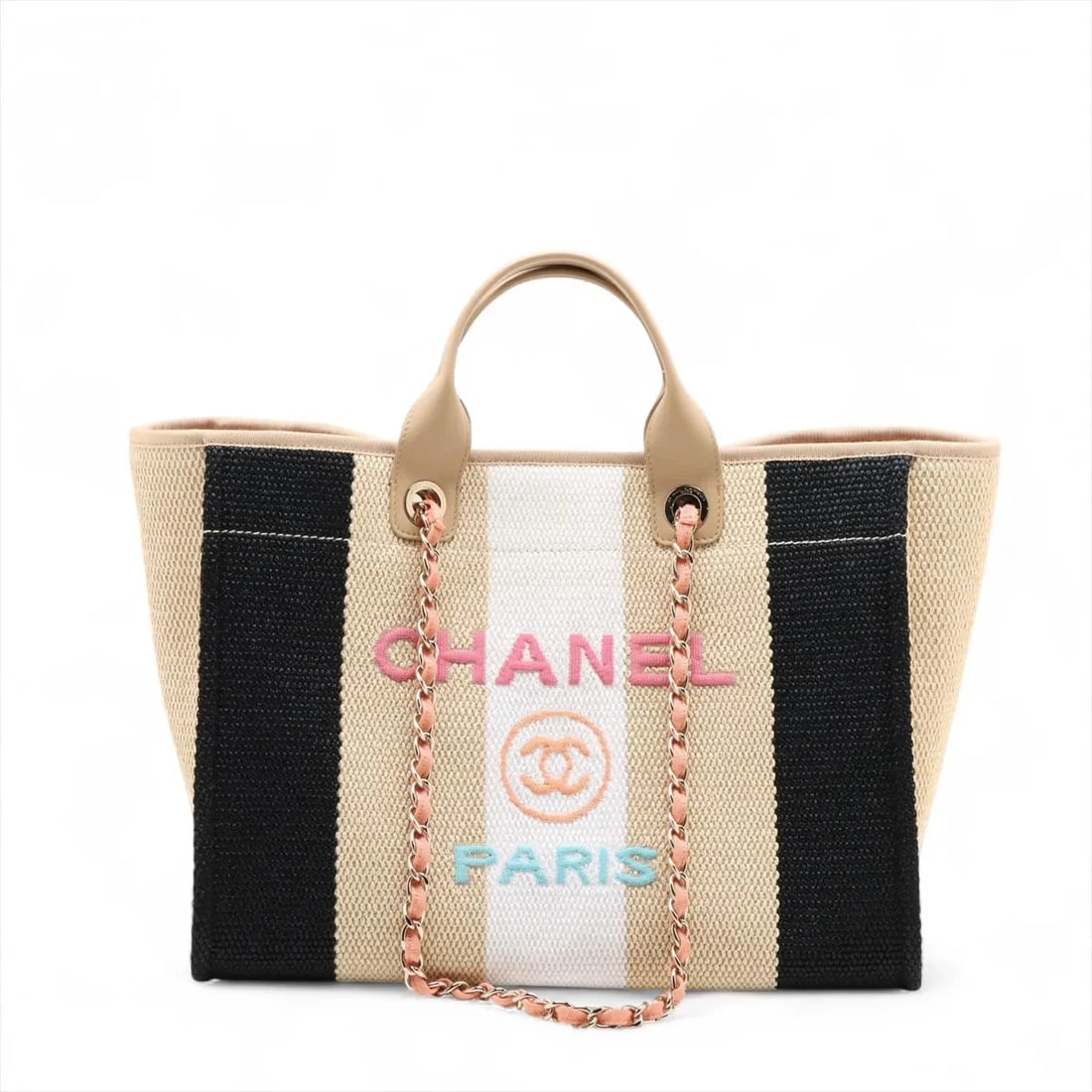 CHANEL DEAUVILLE GM STRAW 2 WAY TOTE BAG: Chanel Deauville GM Straw 2 Way Tote Bag Brand: Chanel Type: Tote bag Material: Straw Color: Beige Size: Height:11.4inch Length:15.4inch Depth:8.7inch Handle height:4.1inch Shoulder height:12.0inc