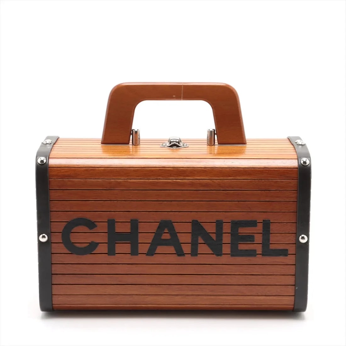 CHANEL LOGO WOOD HAND BAG BROWN SILVER (1 of 5)