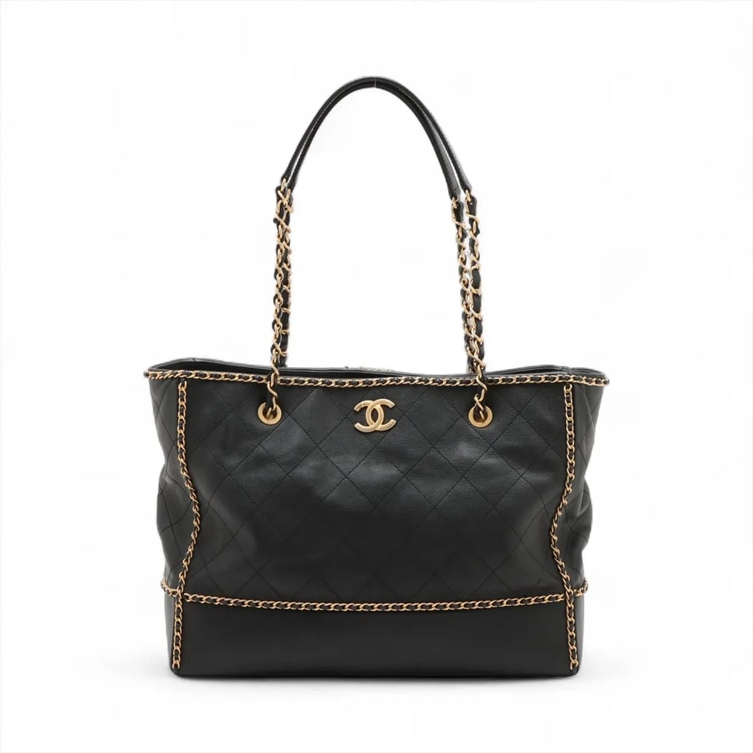 CHANEL MATELASSE LEATHER CHAIN TOTE BAG: Chanel Matelasse Leather Chain Tote Bag Brand: Chanel Type: Tote bag Material: Leather Color: Black Size: Height:9.6inch Length:12.6inch Depth:4.1inch Handle height:9.6inch Accessories: None <