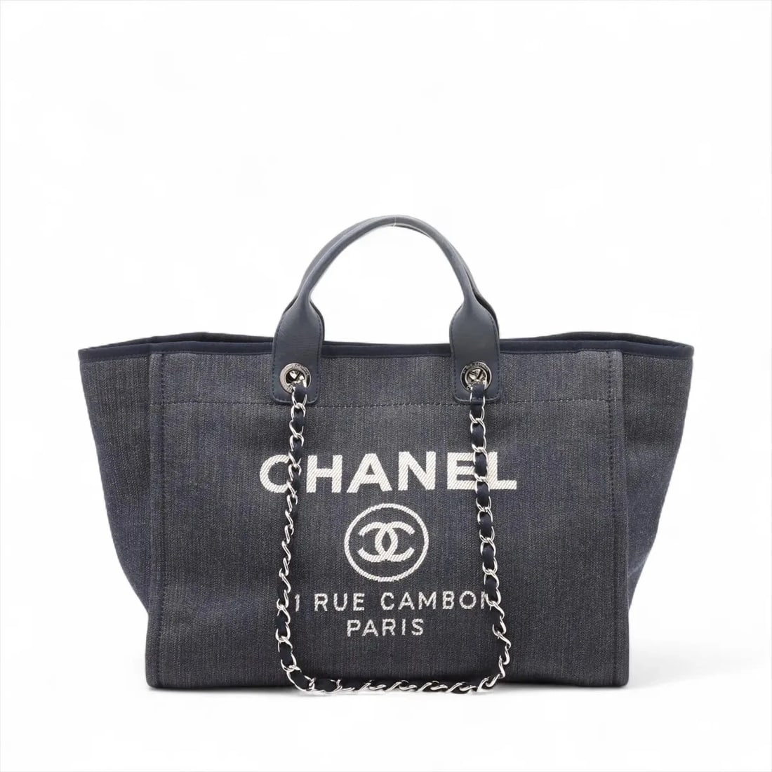 CHANEL DEAUVILLE GM DENIM X LEATHER 2 WAY TOTE BAG: Chanel Deauville GM denim x leather 2 Way Tote Bag Brand: Chanel Type: Tote bag Material: Denim Color: Navy Blue Size: Height:11.0inch Length:15.0inch Depth:8.1inch Handle height:3.9inch Shoulder