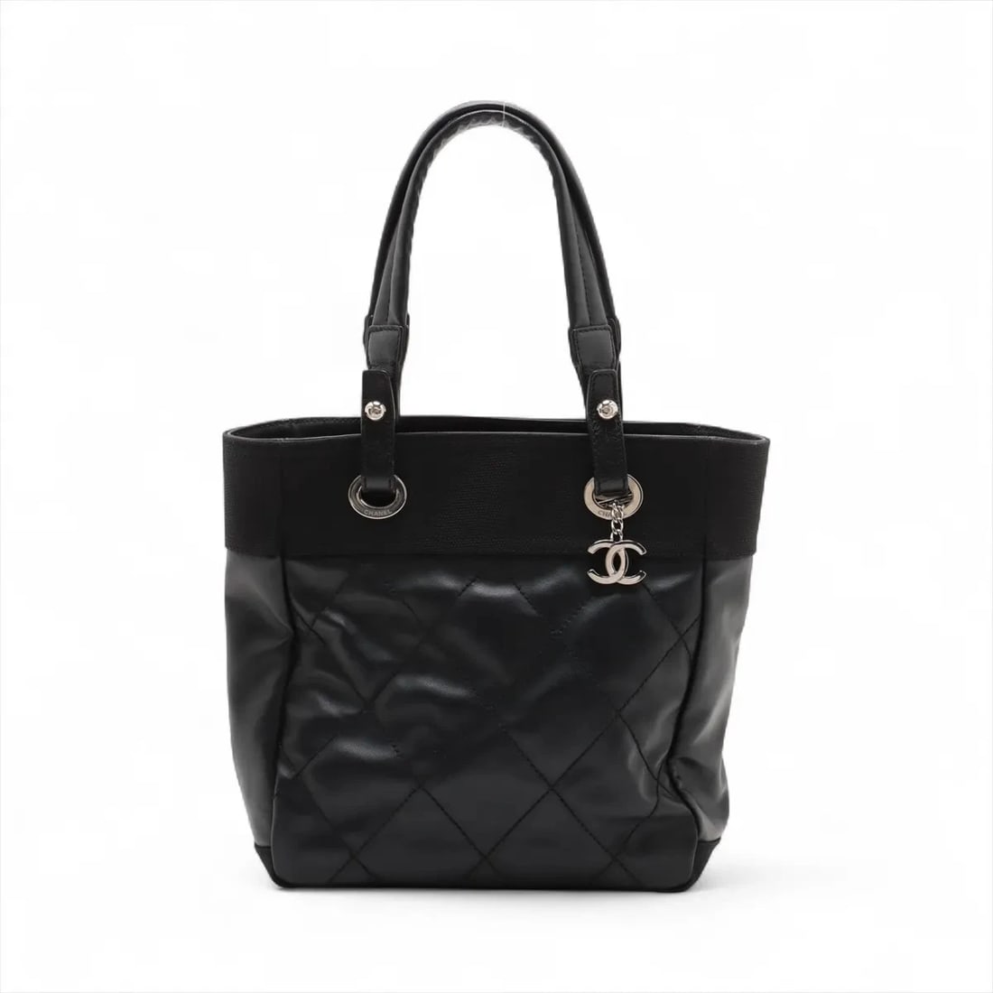 CHANEL PARIS BIARRITZ PM COATED CANVAS X LEATHER TOTE BAG: Chanel Paris Biarritz PM coated canvas x leather Tote bag Brand: Chanel Type: Tote bag Material: Coating canvas Color: Black Size: Height:10.8inch Length:9.6inch Depth:3.9inch Handle height:7.1inc