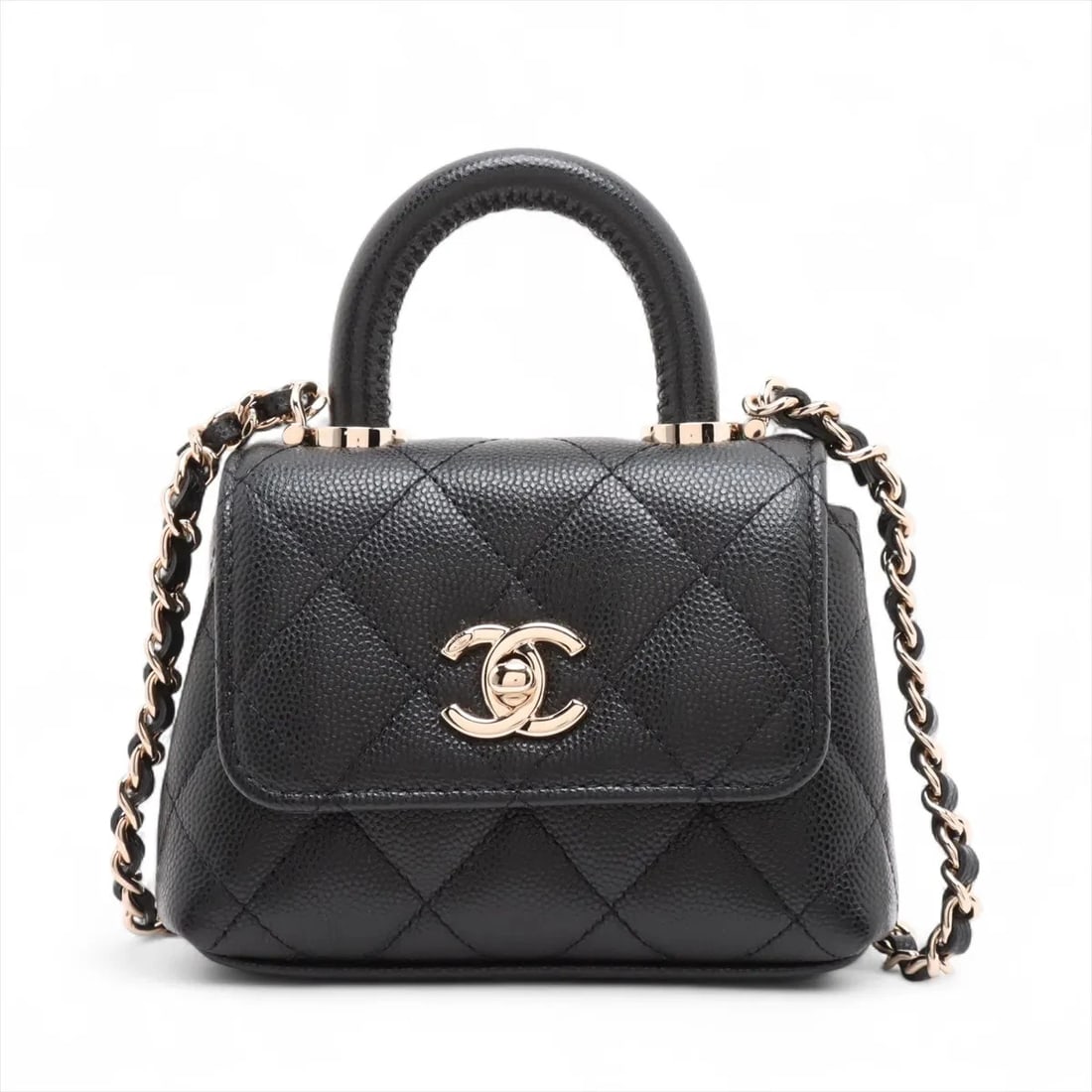 CHANEL COCO HANDLE MICRO CAVIAR SKIN 2 WAY HANDBAG: Chanel Coco Handle Micro Caviar Skin 2 Way Handbag Brand: Chanel Type: Hand bag Material: Caviar Skin Color: Black Size: Height:3.5inch Length:4.7inch Depth:1.6inch Handle height:1.6inch