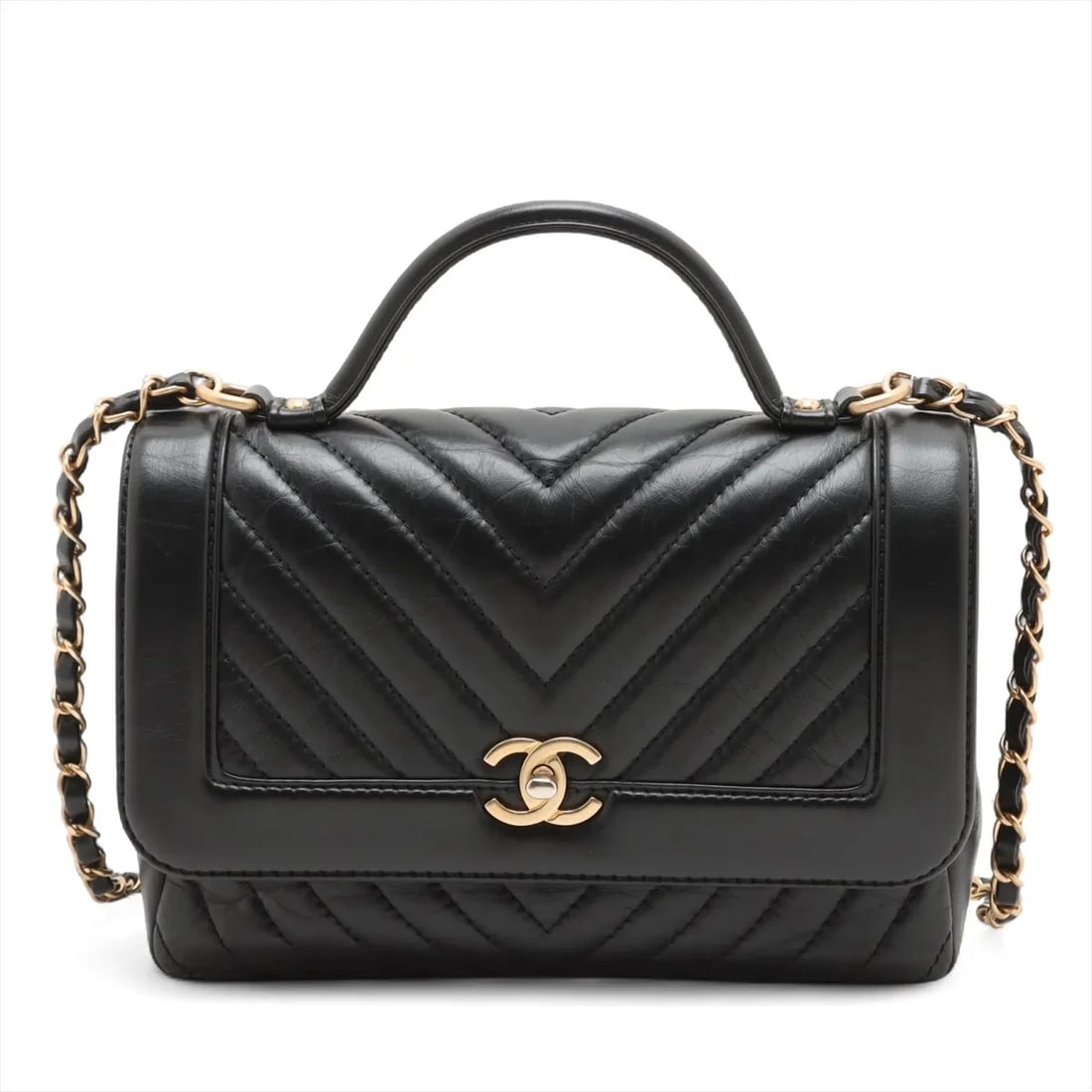 CHANEL CHEVRON VINTAGE CALFSKIN X LAMBSKIN 2 WAY HANDBAG: Chanel Chevron vintage calfskin x lambskin 2 Way Handbag Brand: Chanel Type: Hand bag Material: Vintage calf Color: Black Size: Height:6.7inch Length:9.6inch Depth:3.0inch Handle height:2.4inch Sh