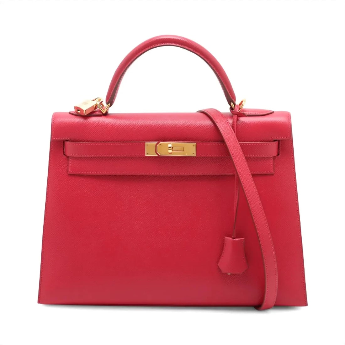 HERMÈS KELLY 32 SERIE CUSHBELL ROUGE VIF GOLD: Hermès Kelly 32 Serie Cushbell Rouge vif Gold Brand: Hermès Type: Hand bag Material: Cushbell Color: Rouge vif Size: Height:9.1inch Length:12.8inch Depth:4.7inch Handle height:3.3inch Shoulder h