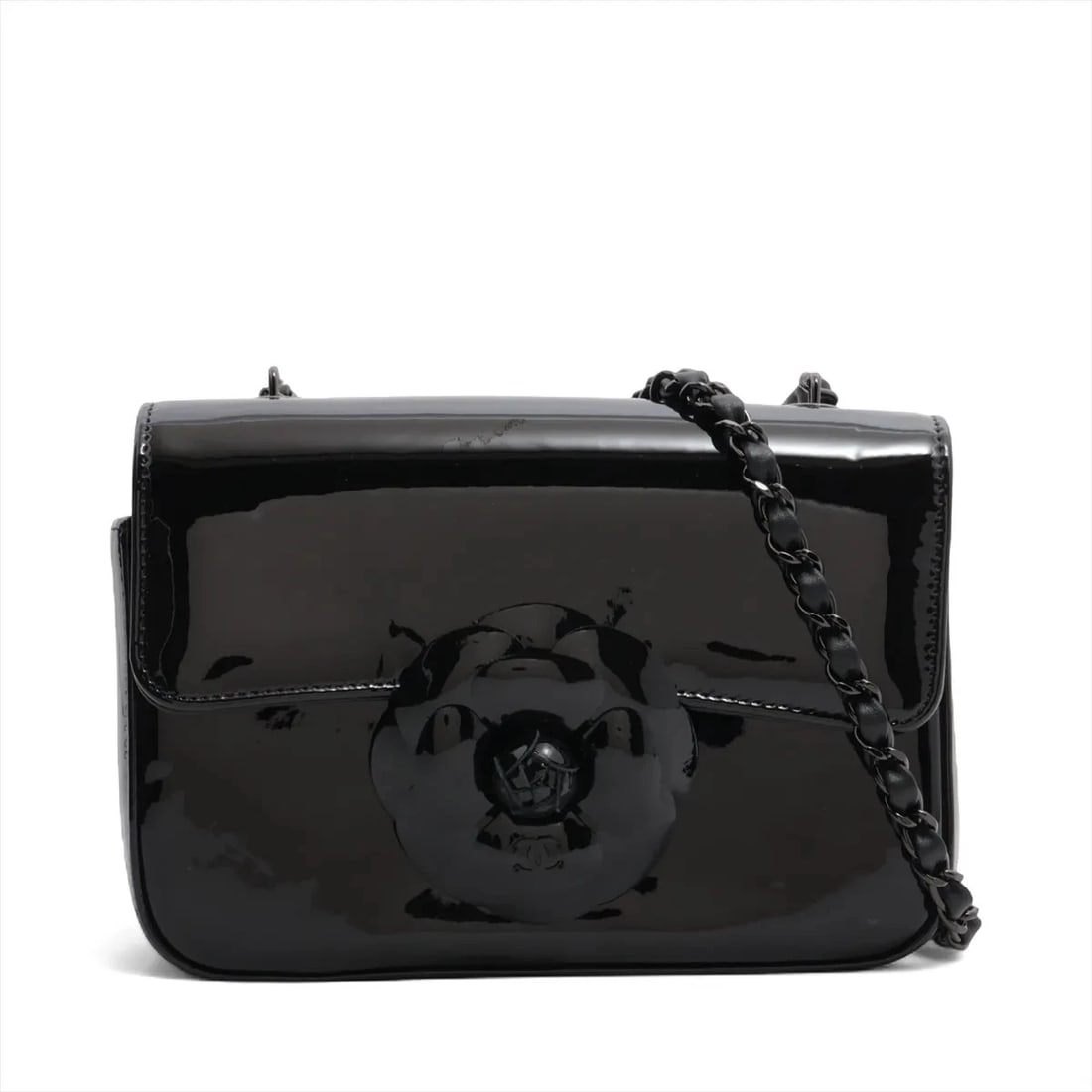 CHANEL CAMELIA PATENT LEATHER CHAIN SHOULDER BAG: Chanel Camelia Patent Leather Chain Shoulder Bag Brand: Chanel Type: Shoulder bag Material: Patent Leather Color: Black Size: Height:5.1inch Length:7.7inch Depth:2.6inch Shoulder