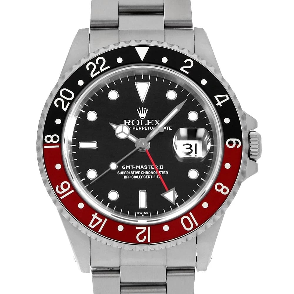 ROLEX GMT MASTER RED AND BLACK BEZEL BLACK WATCH: ROLEX GMT Master Red and Black Bezel black Watch Brand: ROLEX Type: Wrist watch Material: Band Material Stainless Steel, Case Material Stainless Steel Color: Dial Color Black Size: Band Size 19.5c