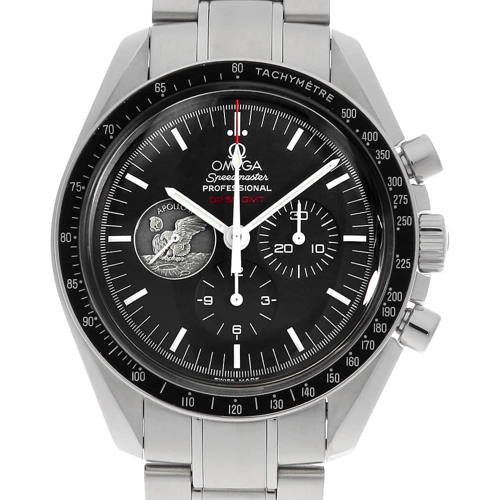 OMEGA SPEEDMASTER APOLLO WATCH: OMEGA Speedmaster Apollo Watch Brand: OMEGA Type: Wrist watch Material: Band Material Stainless Steel, Case Material Stainless Steel Color: Dial Color Black Size: Band Size 18.5cm (7.3inch),