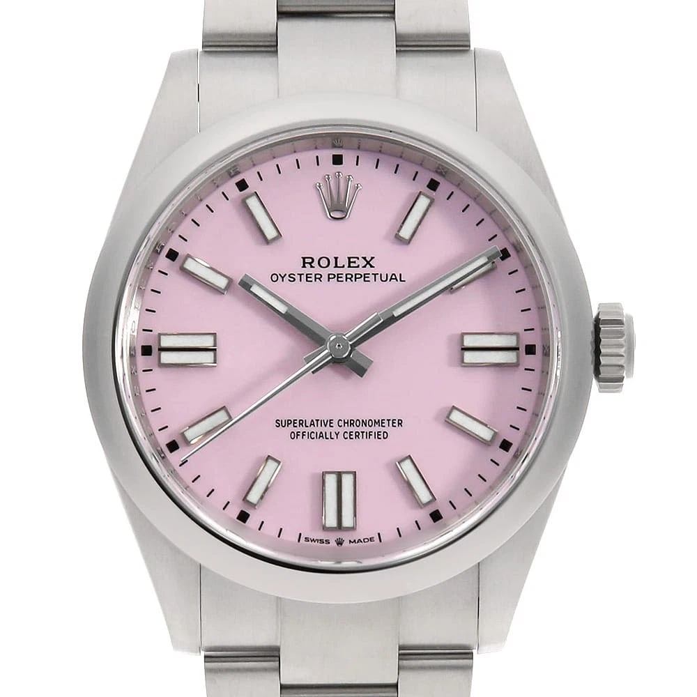ROLEX OYSTER PERPETUAL CANDY PINK WATCH: ROLEX Oyster Perpetual Candy pink Watch Brand: ROLEX Type: Wrist watch Material: Band Material Stainless Steel, Case Material Stainless Steel Color: Dial Color Candy Pink Size: Band Size 19cm