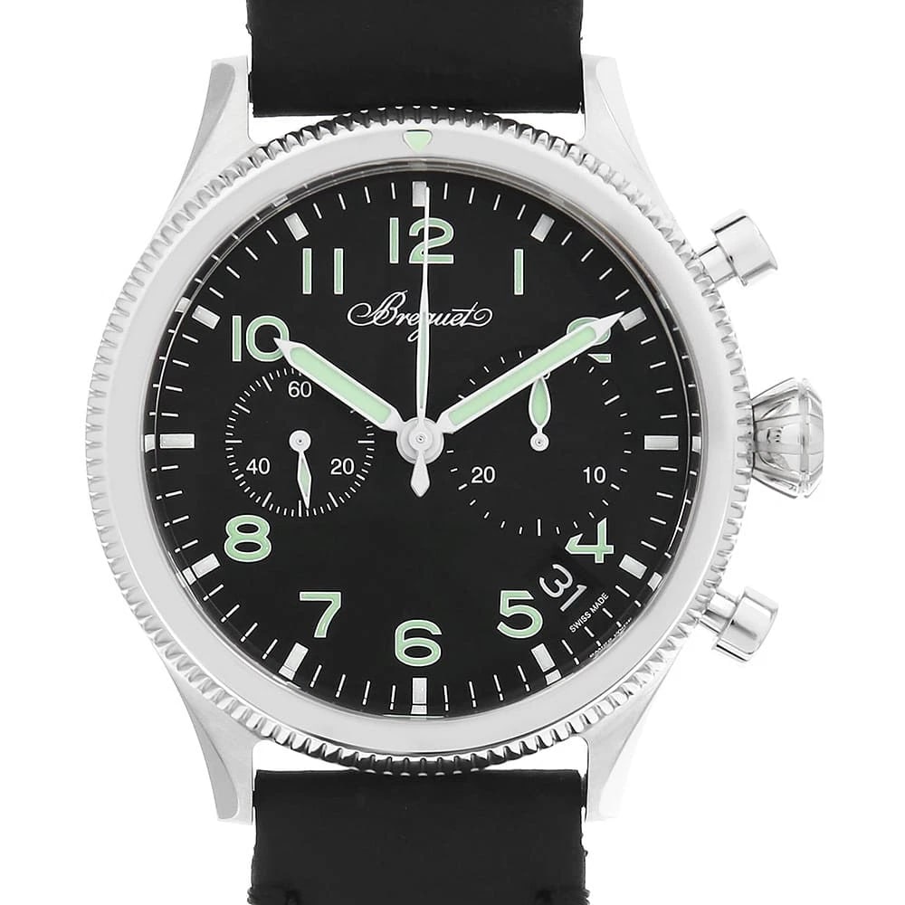 BREGUET TYPE CHRONOGRAPH WATCH: Breguet Type Chronograph Watch Brand: Breguet Type: Wrist watch Material: Band Material Calfskin, Case Material Stainless Steel Color: Dial Color Black Size: Band Size NONE, Case Size Case:W42mm