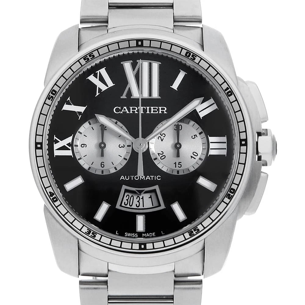 CARTIER CALIBUR CHRONOGRAPH WATCH: Cartier Calibur Chronograph Watch Brand: Cartier Type: Wrist watch Material: Band Material Stainless Steel, Case Material Stainless Steel Color: Dial Color Black Size: Band Size 19.5cm