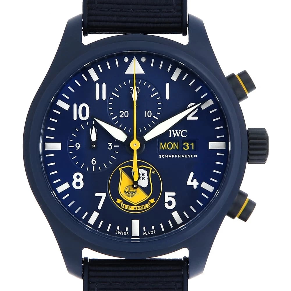 IWC PILOT WATCH CHRONOGRAPH BLUE ANGELS WATCH: IWC Pilot Watch Chronograph Blue Angels Watch Brand: IWC Type: Wrist watch Material: Band Material fabric/rubber, Case Material Ceramic Color: Dial Color Blue Size: Band Size NONE, Case Size