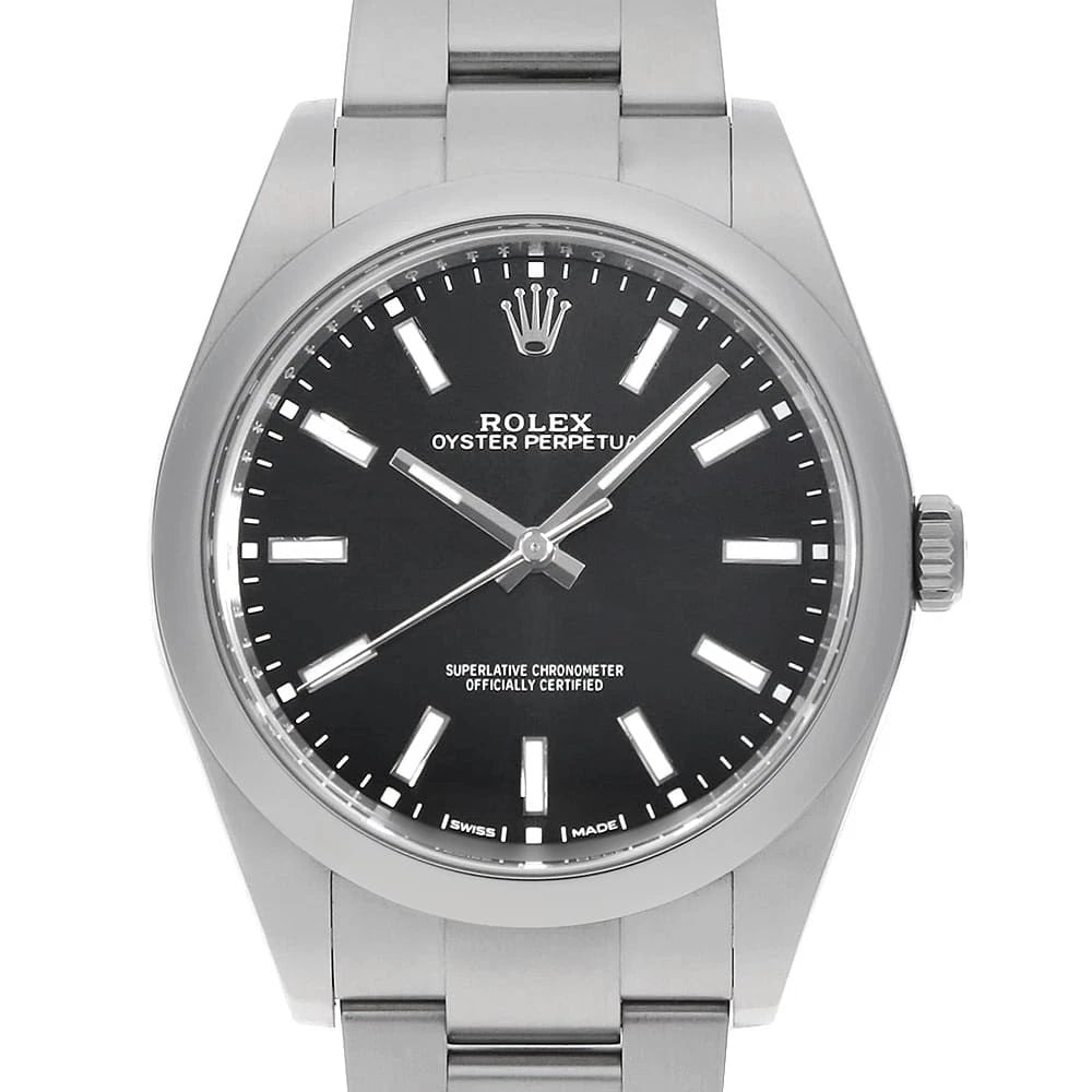 ROLEX OYSTER PERPETUAL BLACK WATCH: ROLEX Oyster Perpetual black Watch Brand: ROLEX Type: Wrist watch Material: Band Material Stainless Steel, Case Material Stainless Steel Color: Dial Color Black Size: Band Size 19cm (7.5inch),