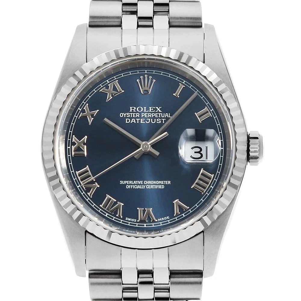 ROLEX DATEJUST BLUE ROMAN ROW JUBILEE BRACELET P WATCH: ROLEX Datejust blue Roman row jubilee bracelet P Watch Brand: ROLEX Type: Wrist watch Material: Band Material Stainless Steel, Case Material Stainless Steel Color: Dial Color Blue Size: Band