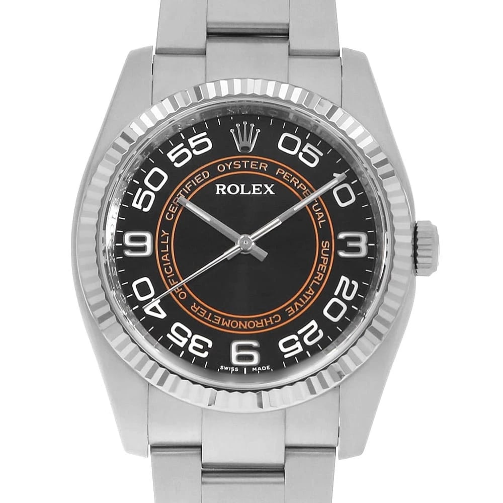 ROLEX OYSTER PERPETUAL BLACK CONCENTRIC ARABIAN V WATCH: ROLEX Oyster perpetual black Concentric arabian V Watch Brand: ROLEX Type: Wrist watch Material: Band Material Stainless Steel, Case Material Stainless Steel Color: Dial Color Black Size: Band