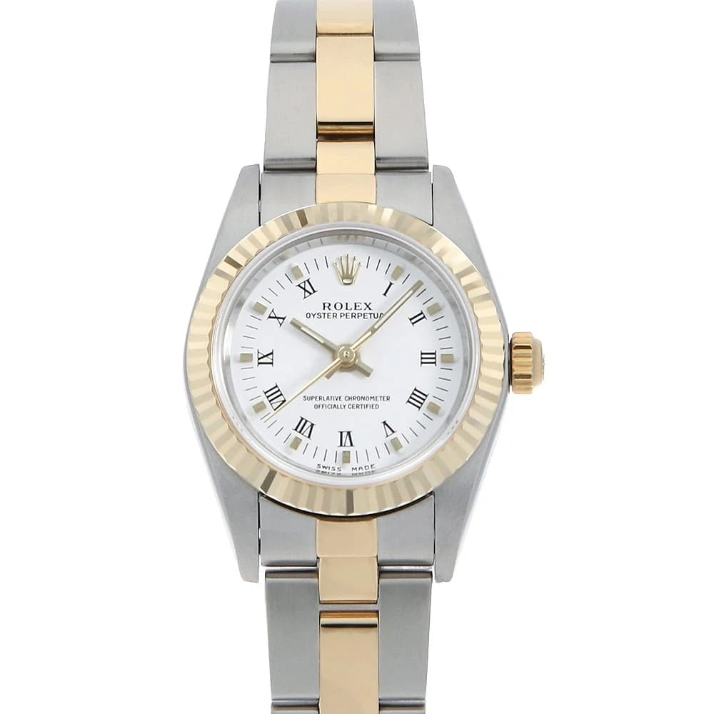 ROLEX OYSTER PERPETUAL WHITE K WATCH: ROLEX Oyster perpetual white K Watch Brand: ROLEX Type: Wrist watch Material: Band Material Stainless Steel/Yellow Gold, Case Material Stainless Steel Color: Dial Color White Size: Band Size